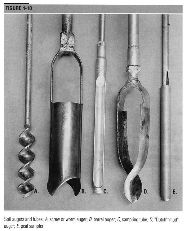 Black and white photo of screw auger, barrel auger, sampling tube, mud auger, and peat sampler.