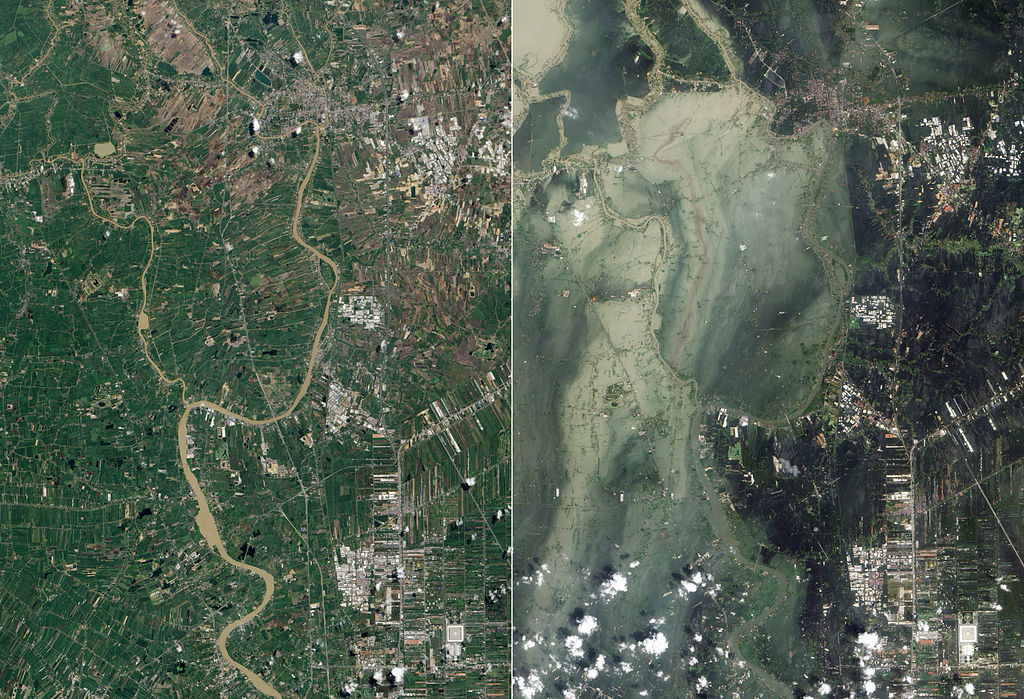 Monsoon flooding along the Chao Phraya River in Thailand, with July 2011 (left) and October 2011 (right) compared. Images are from NASA, via Wikipedia.