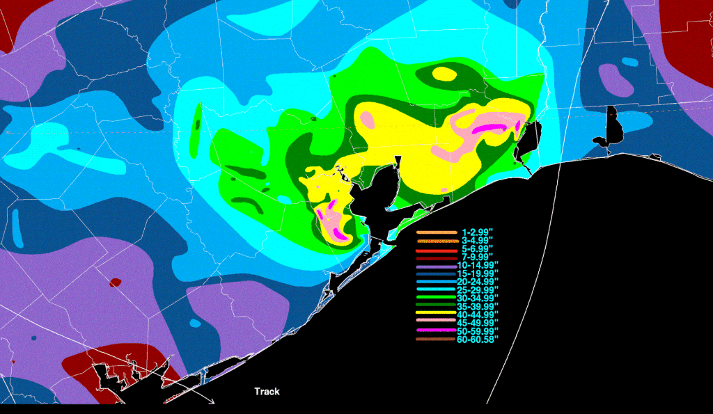 Isohyetal map showing over 40" of rain in some areas