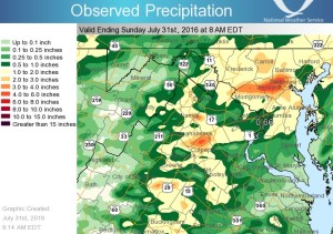 Red-green map of precipitation showing some rain fell overmuh of the Baltimore-Washington area, but the most extreme precipitation was near Ellicott City