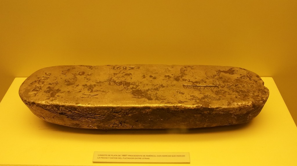 Ingot of South American silver as brought over by Spanish treasure ships. Cadiz Museum.