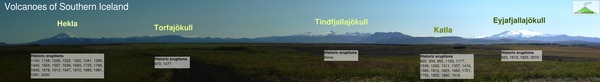 Volcanoes of Southern Iceland, as seen from Hella.  Fresh September snow highlights the higher volcanic peaks.