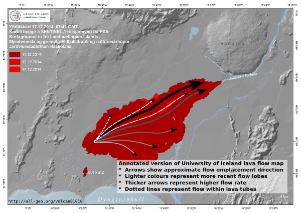 Holuhraun lava flow field map, 24 December 2014 by Institute of Earth Sciences, University of Iceland modified to show the evolution of the flow field.  Source: http://en.vedur.is/earthquakes-and-volcanism/articles/nr/2947#des25 Click to enlarge.