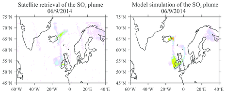 The panel on the left shows the distribution of sulfur dixoide from the 2014-2015 eruption at Holuhraun on 6 September 2014 as seen by the satellite instrument called OMI which is onboard NASA's Aura spacecraft. The panel on the right shows the distribution of sulfur dioxide as predicted by the computer model simulation for the same day. Figure from Schmidt et al., (2015). 