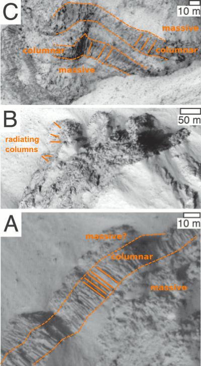 HiRISE pictures of columnar basalts on Mars (interpreted)