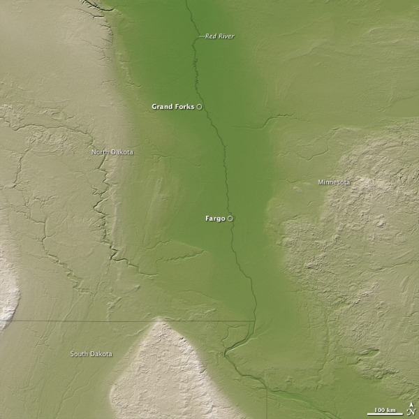 Topography of the US portion of the Red River Valley from SRTM data as displayed by NASA's Earth Observatory