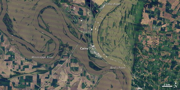 Flooding at the junction of the Mississippi and Ohio Rivers, 3 May 2011, NASA image