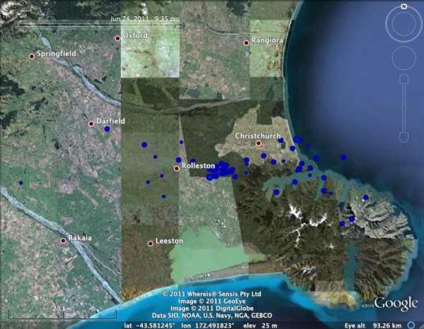 Location of quakes around Christchurch, 19-24 June