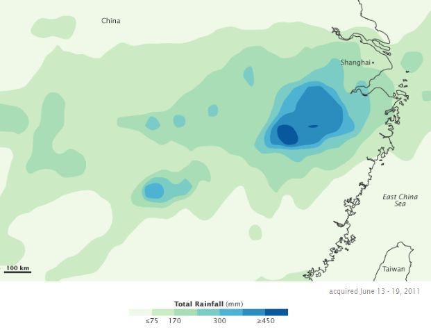 TRMM measured precipitation over China, June 13-19, 2011 (NASA image)