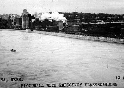 Floodwall (with emergency height added) in Omaha, Nebraska during the record 1952 floods. 