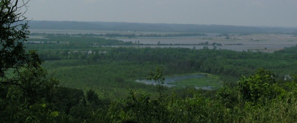 Foreground: An abandoned channel remains as a wetland. Background: Levees and flooding along the Big Muddy River. 