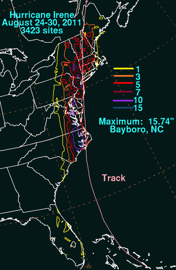 Precipitation totals from Hurricane Irene, August 24-30, 2011, based on 3423 stations