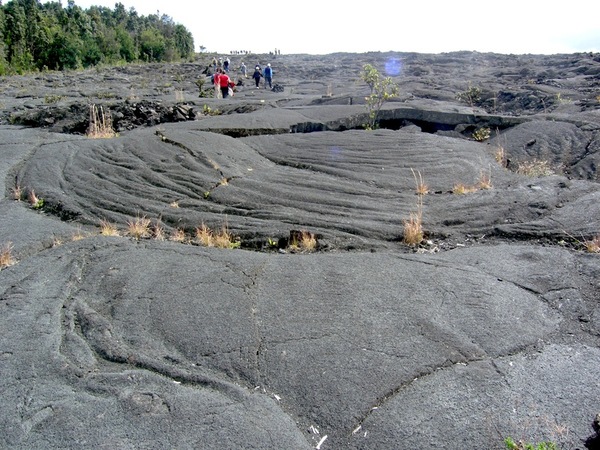 A pahoehoe lava flow that has engulfed the (former) western slope of Pu'u Huluhulu. Photo: Chris Rowan, 2012.