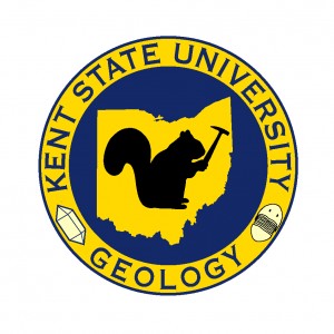 Black squirrel with rock hammer, the Kent State Geological Society logo