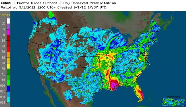 Colorful image of rain in Louisiana, Florida, Arkansas and Missouri as a result of Isaac.