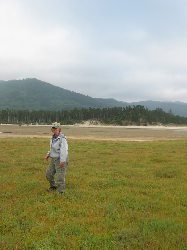Woman scientist walking through a slat marsh with mountains in the background