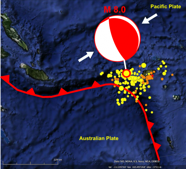 Earthquakes in the Santa Cruz Islands region, SW Pacific, Feb 2-8th 2013. The NE-SW thrust focal mechanism of the M8 mainshock on 6th February is also shown.