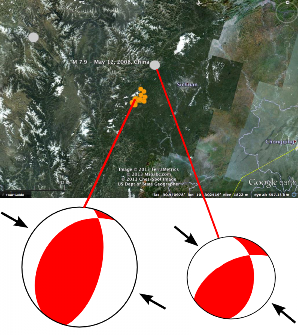 Location and focal mechanism for M 6.6 earthquake on 20th April 2013 in Sichuan Province China (orange dots include first 12 hours of aftershocks) and the May 2008 M 7.9 Wenchuan earthquake (grey dot). Data from USGS. 