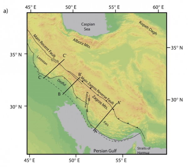Map of Zagros Mountains. Cross-section A-A' is reproduced below. From McQuarrie(2004).
