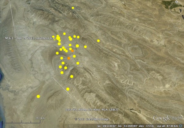 Location of last week's M 6.3 in the Zagros mountains, with aftershocks and pretty, pretty folds. Data from USGS.