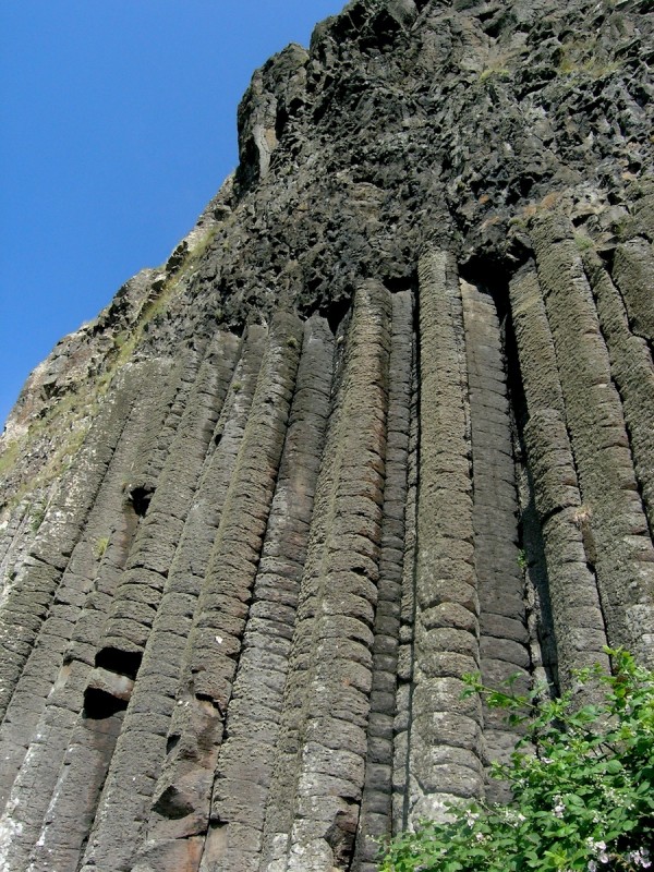 A close-up of 'The Organ', showing how the regular columnar jointing vanishes in the fast-cooling top of a lava flow.  Photo: Chris Rowan, 2013