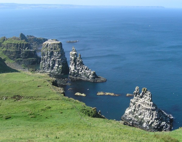 Sea stacks on the west side of Rathlin Ireland - basalt with a veneer of guano. Photo: Christ Rowan, 2013.