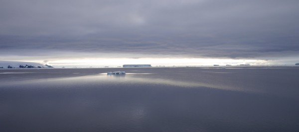 Tabular icebergs backlit by dawn's early light in the Weddell Sea