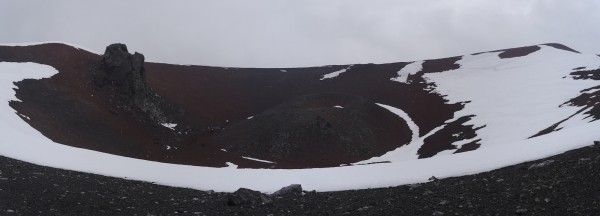 Panoramic view of the summit crater,  Penguin Island. Cinder cone towards the centre, volcanic plug on the left. Photo: Chris Rowan, 2013.