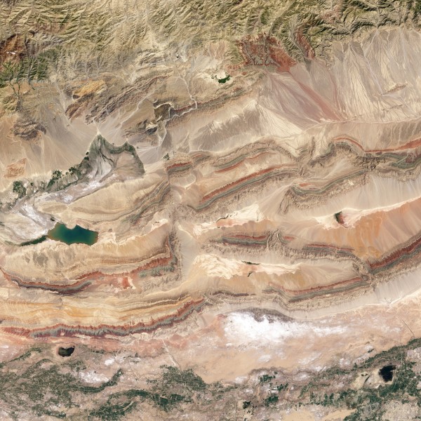 Satellite view of the foothills of the Tien Shan mountains