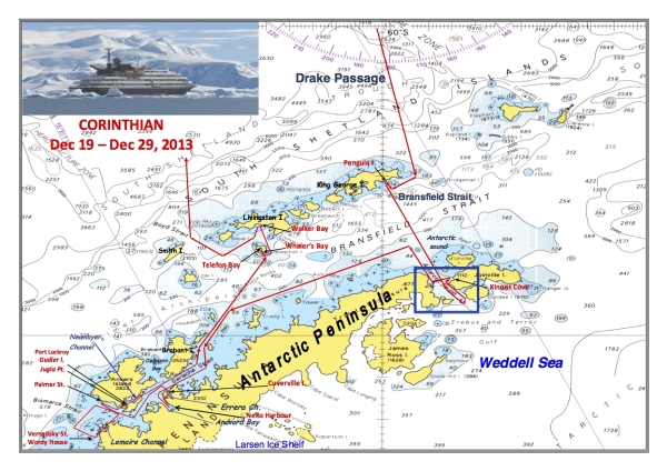 The ship's map of our voyage along the Antarctic Peninsula and surrounding islands. The blue box near the tip of the Antarctic Peninsula indicates where we were on 22 December. Click for a larger version.