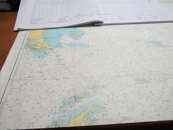 A chart showing our heading across the Drake Passage. Photo: Anne Jefferson, 2013.