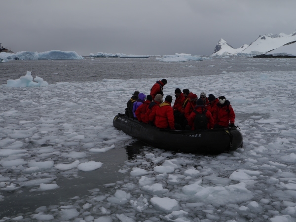 The accumulating ice made things very tricky for the zodiac pilots. Photo: Chris Rowan, 2013.