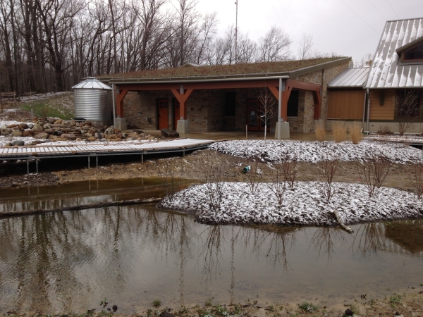 The front entrance to the Watershed Stewardship Center, featuring a green roof, cistern, and constructed wetland. We'll be studying the water quantity and quality improvements yielded by the green roof, in comparison to several other types of green infrastructure at the site.
