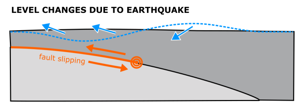 Deformation of the land surface associated with a large earthquake on a shallow thrust fault. Release of accumulated strain causes uplift above the shallow part of the fault and subsidence further down-dip.