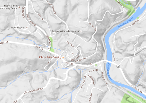 Topography draining to Ellicott City's Main Street, via Google Maps.