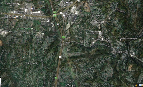 Satellite view of the landscape upstream of Main Street Ellicott City, via Google Maps.