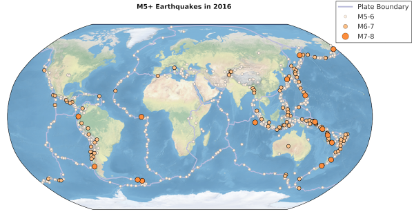 Global Map of 2016 earthquakes, according to the USGS database.