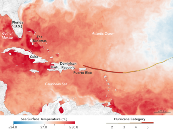 NASA Earth Observatory image of Irma's path (as of September 6) and sea surface temperatures, 