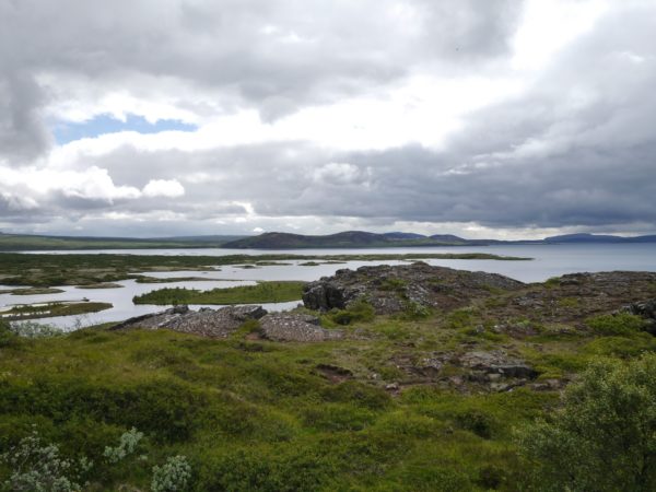 view over looking over the edge of a rift fault at Pingvellir.