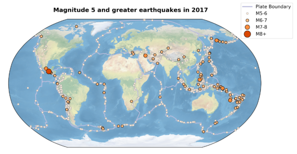 Global map with earthquake locations marked as circles, scaled according to their size.