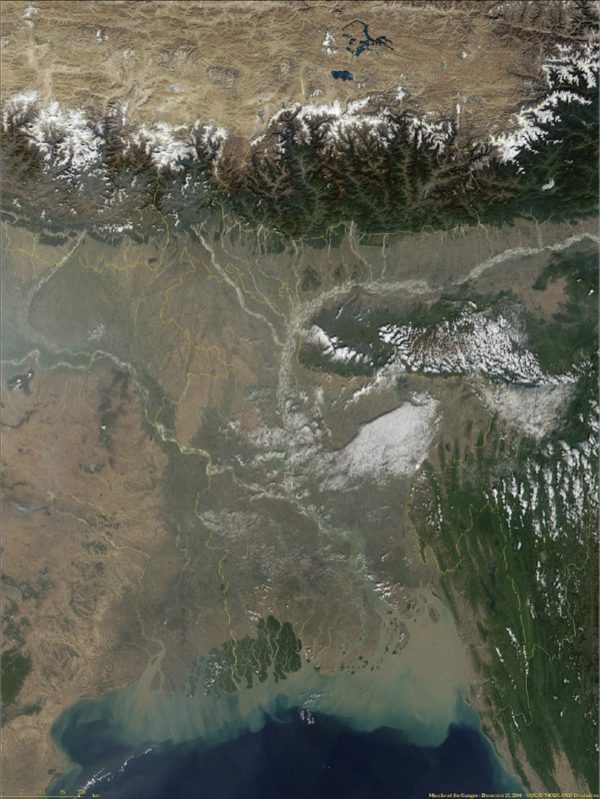 Satellite image of the Ganges and Brahmaputra rivers, draining south from the Himalayas into the Bay of Bengal.