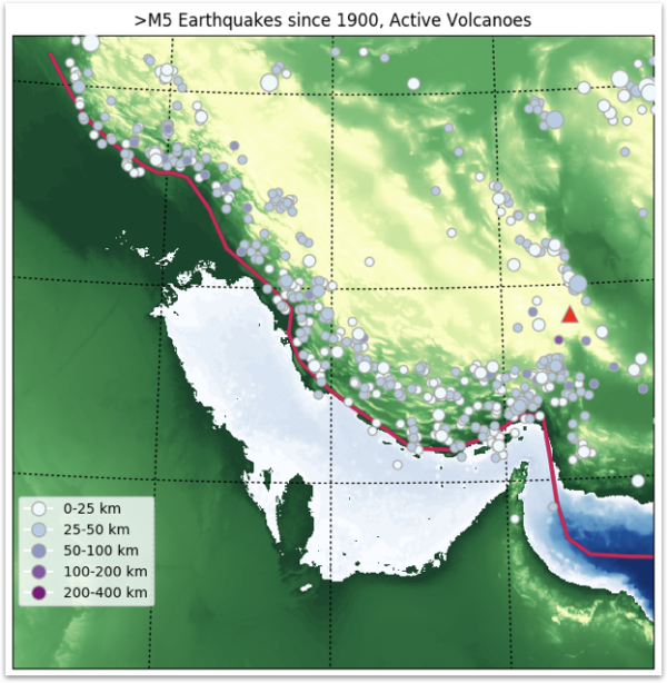 Map of Magnitude 5 earthquakes in the Persian Gulf between 1900 and 2017.