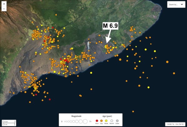 Earthquakes around Kilauea in the roughly 24 hours following a large magnitude 6.9 earthquake on 4th May 2018.