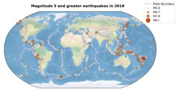 Global map with circles marking where earthquakes of magnitude 5 or greater occurred during 2018.