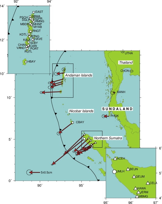 Arrows show seaward (southwest) motion of GPS stations in Indonesia