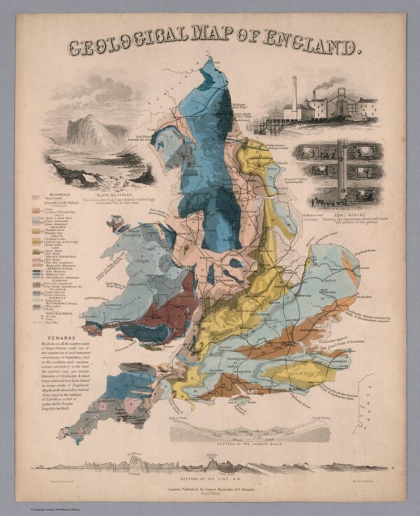 Old geological Map of England, with different rock units marked with different colors.