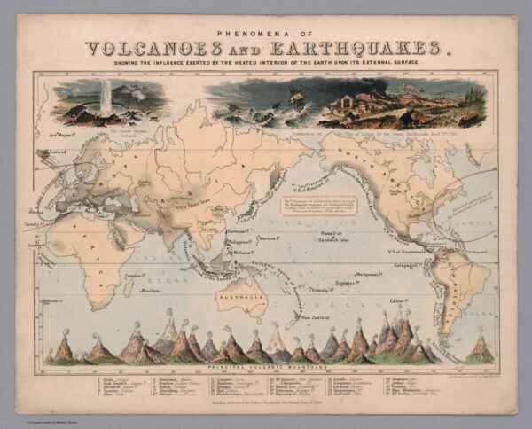 19th Century map showing known events of earthquake and volcanic activity