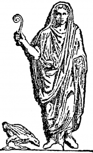 Drawing of robed figure holding curved stick.