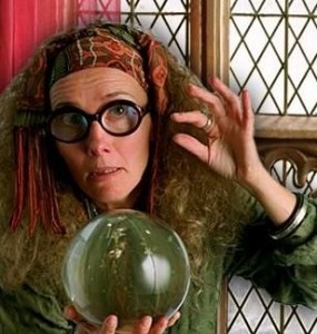 Prof Trelawney and crystal ball from Harry Potter