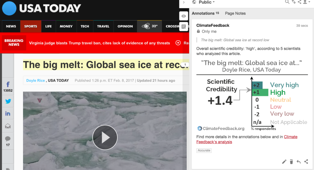 The most recent analysis on the site is of an article called "The big melt: global sea ice at a record low", published by USA Today. 